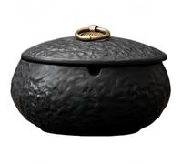 Vyloky Cenicero de cerámica retro con tapa, compacto con aspecto de piedra, hueco integrado y mango de latón, 3 colores, para casa, oficina y jardín (negro)