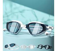 Vyloky Gafas de natación ópticas con intensidad visual, dioptrías: 0 a -8,0, antivaho, protección UV, ajuste perfecto, incluye puente nasal y caja estable, con tapones para los oídos (azul marino y