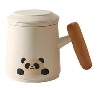 Vyloky Taza con filtro de té con colador de cerámica y mango de madera, 400 ml, diseño de gatos dulces, taza para oficina, regalo para mujeres (panda, juego de 1)