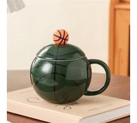 Vyloky Taza de baloncesto de cerámica con cuchara de acero inoxidable, 400 ml, taza deportiva en 3 colores, caja de regalo (marrón oscuro/marrón claro/verde) (verde)