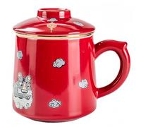 Vyloky Taza de té de cerámica con tapa e infusor para té de hojas sueltas, diseño de olas o tigre y nubes, taza de preparación para la oficina y el hogar, varios colores (Tiger y nubes, rojo clásico)