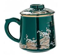 Vyloky Taza de té de cerámica con tapa e infusor para té de hojas sueltas, diseño de olas o tigre y nubes, taza de preparación para la oficina y el hogar, varios colores (ondas, verde oscuro)