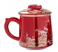 Vyloky Taza de té de cerámica con tapa e infusor para té de hojas sueltas, diseño de olas o tigre y nubes, taza de preparación para la oficina y el hogar, varios colores (ondas, rojo clásico)