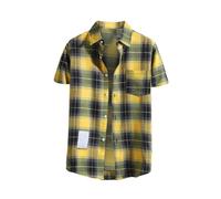 VYLYNL Camisa a cuadros para hombre, camisa de manga corta, ligera, con botones, con bolsillo, camisas casuales de verano de manga corta, transpirable, ligera, trajes de verano para hombre, Amarillo2
