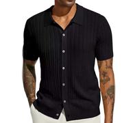 VYLYNL Camisa de punto de manga corta para hombre, transpirable, con botones, estilo vintage, de punto, suave, cómoda, de punto acanalado, para golf, ajustada, informal, de verano, Negro, S