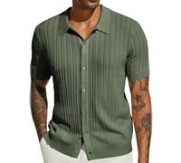 VYLYNL Camisa de punto de manga corta para hombre, transpirable, con botones, estilo vintage, de punto, suave, cómoda, de punto acanalado, para golf, ajustada, informal, de verano, verde, S