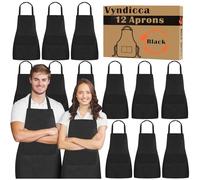 Vyndicca Paquete de 12 delantales con pechera, delantales negros a granel, delantales unisex lisos con 2 bolsillos, delantal negro lavable a máquina para mujeres, hombres, adultos, cocina,