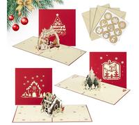 Vyntra Postales Navidad, 3 Pcs Pop Up Tarjeta Original 3D, para Felicitación de Navidad con Sobre Modelo Arbol de Navidad, Christmas Flotar, Casas