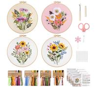 VynyQoo 4pcs Kit Bordado, Kits de Puntadas de Bordados para Principiantes Adultos, Kit de Inicio de Bordado con Patrones Botánicos Florales e Instrucciones