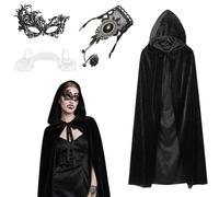 Vyrthalis Capa Negra con Capucha Terciopelo, Capa Capucha set, Disfraces de Halloween de Las señoras Negro con máscara Conjunto, Disfraz de Vampiro Bruja para, Cosplay Fiestas Accesorios (140cm)