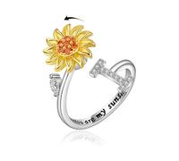 VYYU Anillo antiestrés con hermoso girasol y letra inicial ABC a XYZ - You are My Sunshine Ansiedad Alivio del estrés Anillos abiertos | Alivio del estrés Spinner Alivio del estrés Girasol Regalos