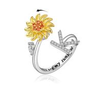 VYYU Anillo antiestrés con hermoso girasol y letra inicial ABC a XYZ - You are My Sunshine Ansiedad Alivio del estrés Anillos abiertos | Alivio del estrés Spinner Alivio del estrés Girasol Regalos