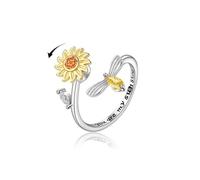 VYYU Anillo antiestrés para mujeres y niñas, con texto en inglés "You are My Sunshine", anillo abierto con hermoso girasol y abeja, regalo para esposa, novia, hija, amigas, Oro blanco