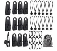 VZLYMTV Pinzas para Toldos y Lonas 37 Piezas, 12 Clips de Lona para Tienda de Campaña con 12 Cuerdas Elásticas 12 Mosquetones y Bolsa de Almacenamiento, Sujeciones Multiusos para Camping Carpa Camper