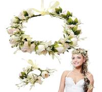 VZXQX Corona de Flores para Pelo Mujer, Ajustable Diadema Flores Mujer con Bracciale de Flor, Bohemia Diadema Boda Guirnalda Floral para la Cabeza para Fiesta Playa Nupcial Carnaval