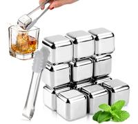 VZXZXE 12 cubitos de hielo reutilizables de acero inoxidable 304 con pinzas y caja de embalaje, congelación para vino, vodka, whisky, cerveza o zumos de bebidas