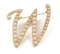 'W' Broche grande chapado en oro con perlas de imitación blancas con letra W del alfabeto, regalo de joyería personalizable, 50 mm de alto