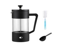 W&M Cafetera Francesa - French Press de Acero Inoxidable y Vidrio de Borosilicato - Triple Filtro con Cuchara Medidora + Limpiador - Negro - 600ml