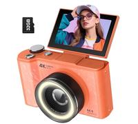 W&O - Cámara digital para fotografía, cámara 4K con anillo de luz, cámara de pantalla abatible de 180° para vlogging con modo de belleza, apuntar y disparar cámaras digitales para principiantes con