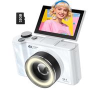 W&O - Cámara digital para fotografía, cámara 4K con anillo de luz, cámara de pantalla abatible de 180° para vlogging con modo de belleza, apuntar y disparar cámaras digitales para principiantes con