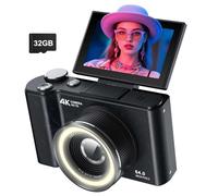 W&O - Cámara digital para fotografía, cámara 4K con anillo de luz, cámara de pantalla abatible de 180° para vlogging con modo de belleza, apuntar y disparar cámaras digitales para principiantes con