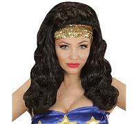 W WIDMANN MILANO Party Fashion - 04944 - Peluca de superhéroe con diadema de lentejuelas, negra, pelo sintético, pelo ondulado, peluca de pelo largo para mujer