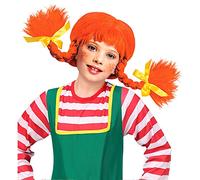 W WIDMANN MILANO Party Fashion - 6288M - Peluca infantil Naughty Girl, con trenzas moldeables, roja con lazo amarillo, pelo sintético, Pippi, carnaval, fiesta temática