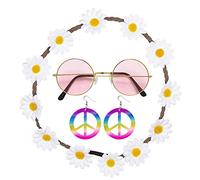 Widmann 95718 - Set de disfraz Hippie compuesto por cinta elástica para el pelo con margaritas, pendientes con el símbolo de la paz y gafas, estilo flower child de los años 50 y 60, para carnaval, playa y fiestas temáticas