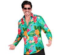 W WIDMANN MILANO Party Fashion - Camisa de moda para fiesta, estampado de flamencos, neón, camisa para hombre, fiesta temática Hawai, ave del paraíso