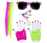 W WIDMANN MILANO Party Fashion - conjunto de disfraces de chica de los 80, 2 extensiones de pelo de neón, pendientes, guantes y gafas, carnaval, fiesta temática