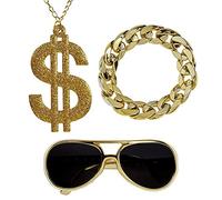W WIDMANN MILANO Party Fashion - Conjunto de disfraces Proxeneta, gafas de sol, cadena de dólares, pulsera, chulo, rapero, carnaval, fiesta temática