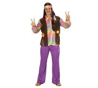 WIDMANN 73341 ? Disfraz Adulto Hippie Hombre, Camiseta, Chaleco angenähte, Pantalones y Cinta, Lila, tamaño S , color/modelo surtido