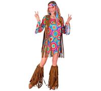 W WIDMANN MILANO Party Fashion - Disfraz hippie para mujer de 4 piezas, vestido, chaleco, diadema y collar Peace, carnaval y festival
