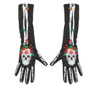 W WIDMANN MILANO Party Fashion - Guantes del Día de los Muertos | Para adultos, de unos 40 cm de largo: estampado con calaveras, huesos y flores de colores, ideal para el Carnaval
