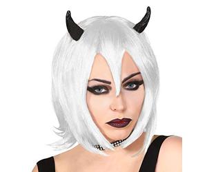 W WIDMANN MILANO Party Fashion, Peluca De Diablo, Color Gris Cautivador, Cuernos Negros Atrevidos, Flequillo De Encaje Elegante, Fácil De Peinar, Mantenimiento Simple, Varios Accesorios