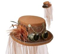 W WIDMANN MILANO Party Fashion - Sombrero copa estilo steampunk marrón | Sombrero de copa marrón de fieltro con engranajes, gafas de aviador, plumas y velo de tul -para Carnaval