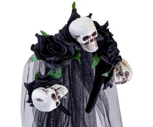 W WIDMANN MILANO Party Fashion - Velo de novia del Día de los Muertos | Diadema con velo de tul negro, calaveras y rosas negras: accesorio de disfraz para Halloween