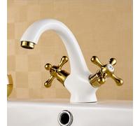 W3001 - Grifo de lavabo chapado en blanco, latón dorado, doble mano, caliente y frío, elegante grifo de baño, lavabo de baño, agua W3001