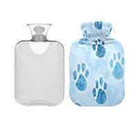 Waassud Blue Paw Prints - Bolsa de agua caliente con funda suave, bolsa de agua caliente para aliviar el dolor, almohadilla térmica de agua de 2 litros para cuello y hombro, pequeña