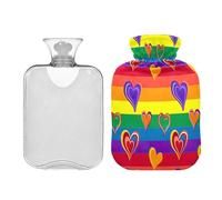 Waassud Bolsa de agua caliente con diseño de corazón arcoíris con funda suave, bolsa de agua caliente para aliviar el dolor, almohadilla térmica de agua de 2 L, para cuello y hombro, tamaño mediano