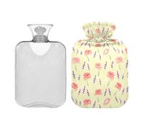 Waassud Bolsa de agua caliente con diseño de flores de lavanda con funda suave, bolsa de agua caliente para aliviar el dolor, almohadilla térmica de agua de 2 litros para cuello y hombro, pequeña