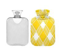 Waassud Bolsa de agua caliente con patrón de cuadros amarillos con funda suave, bolsa de agua caliente para aliviar el dolor, almohadilla térmica de agua de 2 L, para cuello y hombro, tamaño mediano