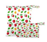 Waassud Bolsa húmeda y seca reutilizable con cerezas rojas con flores, organizador de pañales con 2 bolsillos con cremallera para traje de baño, ropa de gimnasio