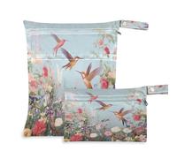 Waassud Bolsa húmeda y seca reutilizable con diseño de colibríes y flores, organizador de pañales con 2 bolsillos con cremallera para traje de baño, ropa de gimnasio, multicolor, Talla única, moderno
