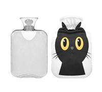 Waassud Botella de agua caliente con cara de gato negro con funda suave, bolsa de agua caliente para aliviar el dolor, almohadilla térmica de agua de 2 litros para cuello y hombro, pequeña