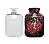 Waassud Botella de agua caliente con diseño de calavera con rosas rojas con funda suave, bolsa de agua caliente para aliviar el dolor, almohadilla térmica de agua de 2 litros para cuello y hombro