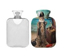 Waassud Botella de agua caliente con diseño de gato pirata con funda suave, bolsa de agua caliente para aliviar el dolor, almohadilla térmica de agua de 2 litros para cuello y hombro, pequeña