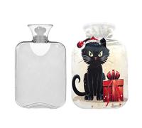 Waassud Botella de agua caliente de Navidad con diseño de gato negro con funda suave, bolsa de agua caliente para aliviar el dolor, almohadilla térmica de agua de 2 litros para cuello y hombro