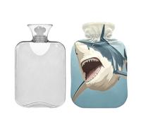 Waassud Botella de agua caliente de tiburón de boca abierta con cubierta suave, bolsa de agua caliente para aliviar el dolor, almohadilla térmica de agua de 2 litros para cuello y hombro, pequeña