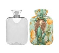 Waassud Botella de agua caliente Girl in A Hat and Flowers con funda suave, bolsa de agua caliente para aliviar el dolor, almohadilla térmica de agua de 2 L, para cuello y hombro, tamaño mediano
